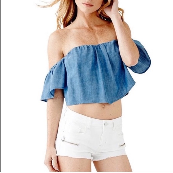 Guess Denim Off-The-Shoulder Corset Crop Top Sz: XS - Picture 4 of 16